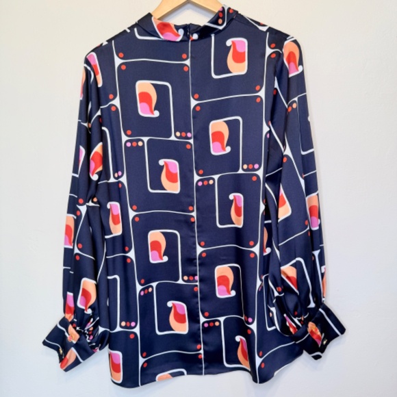 Zara | Retro Geo High Collar Mock Neck Long Sleeve Printed Charmeuse Blouse - Picture 6 of 16